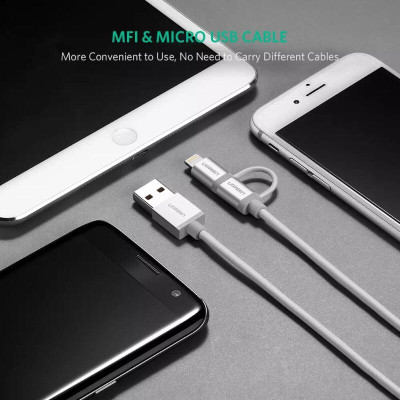 Ugreen UG30670US165TK 1.5M màu Bạc Cáp sạc đa năng USB sang MicroUSB + Lightning - HÀNG CHÍNH HÃNG