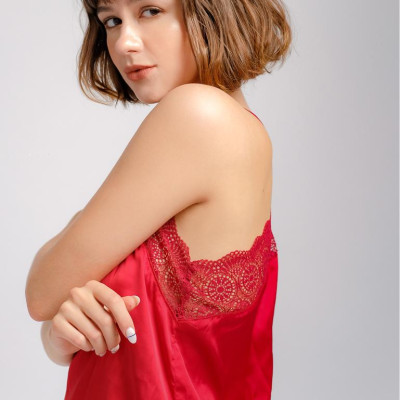 Bộ đồ ngủ dây ngắn Pink Stull ren cổ lưng chữ V đỏ đô 