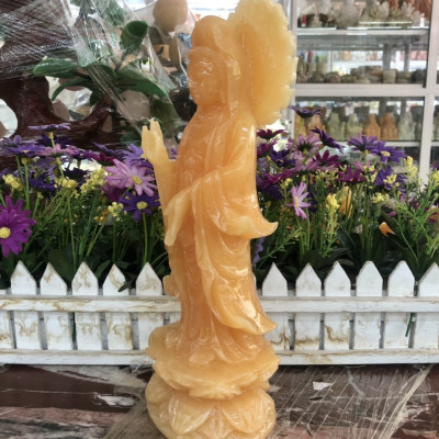 Tượng Phật Bà Quan Thế Âm Bồ Tát có hào quang đứng đài sen đá ngọc hoàng long - Cao 30 cm