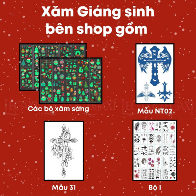 Xăm giả hình dán trang trí giáng sinh noel tuyết ông già nô en tuần lộc phát sáng dạ quang cây thông mistletoe cây thập tự Legaxi