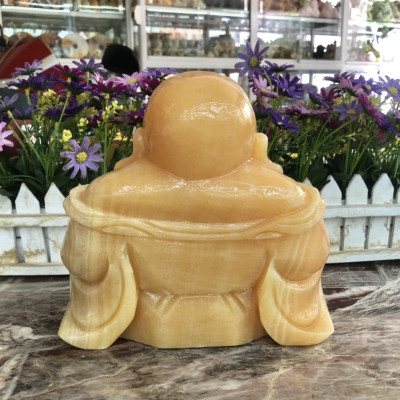 Tượng Phật Di Lặc ngồi cầm thỏi vàng đá ngọc hoàng long - Dài 20cm