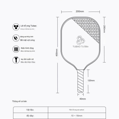 Bộ 2 Vợt Pickleball Sợi Carbon Cao Cấp Tubao Hàng Chính Hãng + Kèm Túi Chống Sốc Và 4 Bóng