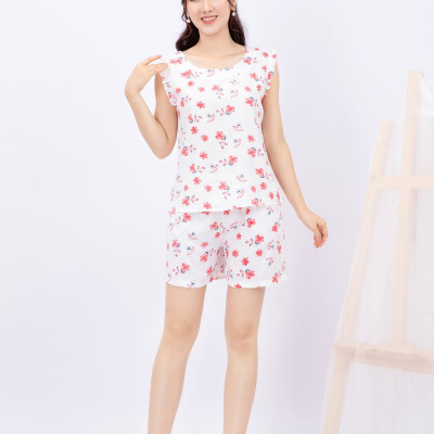Đồ bộ mặc nhà – Bộ đồ ngủ nữ - Set đồ mặc nhà – Bộ đùi nữ mặc nhà – Bộ đũi mặc nhà  áo tay bèo nhún, quần sooc Vicci DS.68 phối hoạ tiết