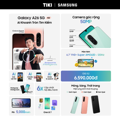 Điện thoại Samsung Galaxy A26 5G (8/128GB), Mặt lưng kính, AI-Circle to Search, Camera HDR chụp đêm sáng rõ - Hàng chính hãng