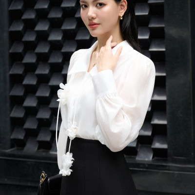 Valen Shirt - Áo sơ mi tơ vai nhún bồng nhẹ thiết kế cao cấp WHITE CHIC