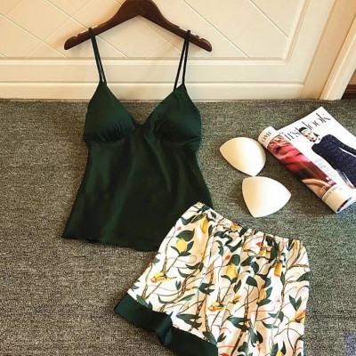 Bộ ngủ lụa 2 dây quần hoa - BN084