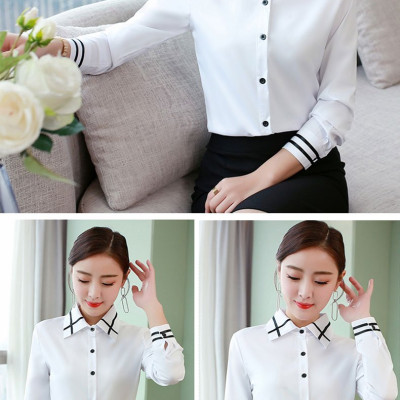 Áo sơ mi nữ trắng, áo sơ mi nữ công sở kiểu dáng basic, phối hạo tiết đen ở cổ và tay làm điểm nhấn HB147