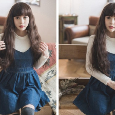 Tóc giả nữ nguyên đầu giống hình tương đối 90%, mái ngang, xoăn đẹp (tặng kèm 1 cái lưới trùm tóc)