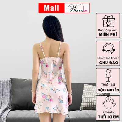 Đầm ngủ WANNABE DNW01 váy ngủ hai dây đơn giản vải lụa mango mịn, mát họa tiết bông hoa xinh xắn chăm sóc giấc ngủ