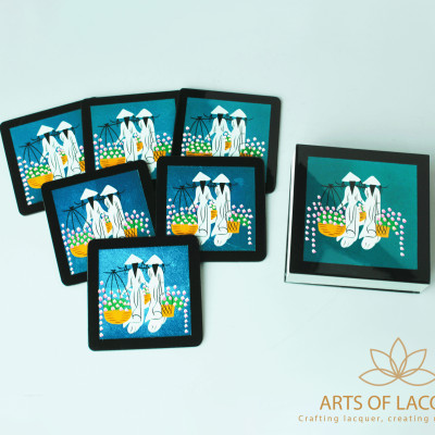 Bộ Lót ly Sơn Mài cao cấp - Áo dài xanh dương - Arts Of Lacquer
