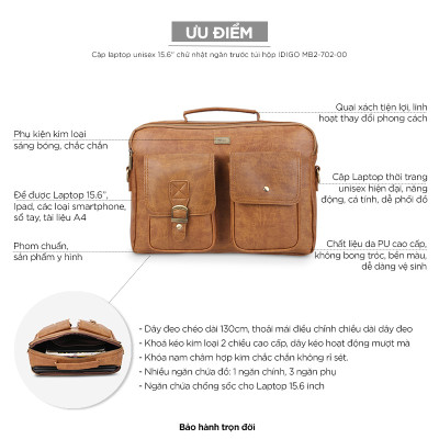 Cặp da nam nữ đựng laptop 15.6 inch, túi xách công sở phom chữ nhật ngăn trước túi hộp IDIGO MB2 - 702