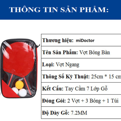 Bộ 2 Vợt Bóng Bàn Chính Hãng miDoctor + Túi Đựng Vợt Bóng Bàn + 3 Bóng 