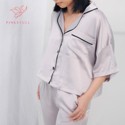 Bộ đồ ngủ pijamas tay ngắn quần dài Pink Stull 3 Màu:xám viền đen,đỏ viền trắng,hồng viền đen