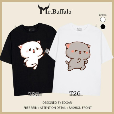 Áo đôi , áo thun cặp nam nữ tay lỡ Unisex mèo mochi dượt nhau form rộng vải cotton 100% T25T26 - Mr.Buffalo