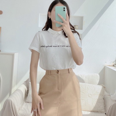 Áo sơ mi nữ ngắn tay màu trắng họa tiết thêu cổ Peter Pan Burny