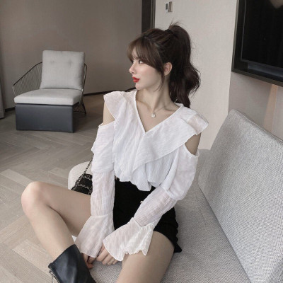 Áo sơ mi nữ thời trang dài tay hở vai nhún bèo - Hàng cao cấp