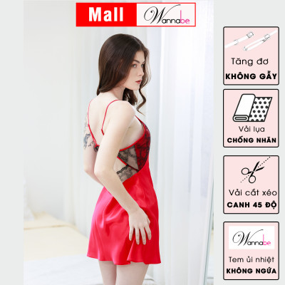 Đầm ngủ lụa cao cấp WANNABE DNS46 váy ngủ hở lưng phối ren nữ tính quyến rũ