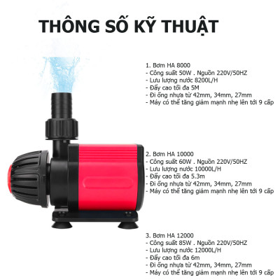 Máy bơm HA 8000 - HA10000 - HA12000 lõi trục gốm, 9 nấc chỉnh nước dùng cho bể cá, hồ cá, hòn non bộ - Máy bơm chìm cao cấp 