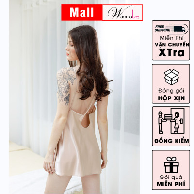 Đầm ngủ phi lụa cao cấp WANNABE DNS53 váy ngủ lụa phối ren một bên ngực xuyên thấu trong suốt thật quyến rũ gợi cảm