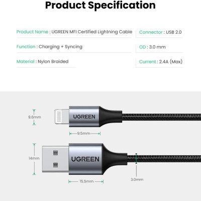 Ugreen UG60154US291TK 0.25M màu đen cáp MFI USB 2.0 A ra Lightning đầu bọc nhôm mạ nickel chống nhiễu 25cm - HÀNG CHÍNH HÃNG