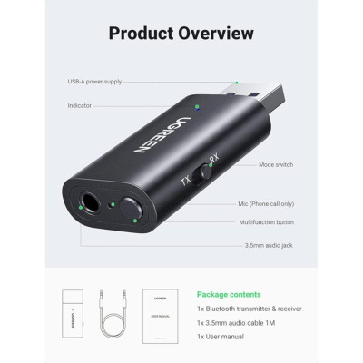 Ugreen UG60300CM523TK v5.1 Màu Đen Bộ Thu - Phát Transmitter - Receiver 2 in 1 Bluetooth không dây USB tích hợp Micrô 3.5mm - HÀNG CHÍNH HÃNG