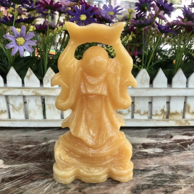 Tượng Phật Di Lặc đứng đỡ thỏi vàng phong thủy đá ngọc hoàng long trang trí bàn làm việc - Cao 15cm