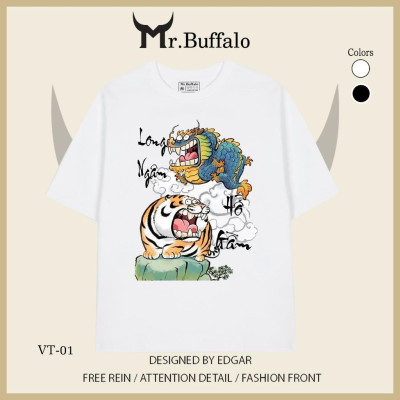 Áo thun tay lỡ Hổ rồng cười, long tranh hổ đấu cute Mr.Buffalo