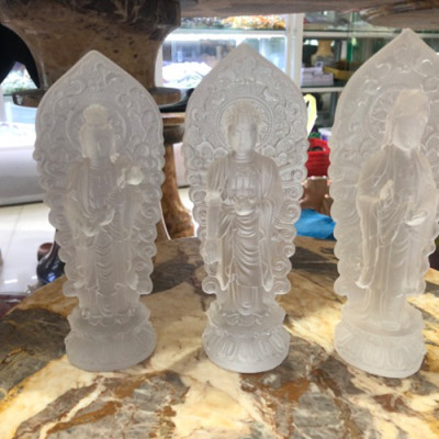 Bộ 3 Tượng Tam Thế Phật Tây Phương Tam Thánh đứng đá thạch anh lưu ly vàng và trắng - Cao 17 cm