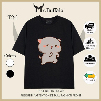 Áo đôi , áo thun cặp nam nữ tay lỡ Unisex mèo mochi dượt nhau form rộng vải cotton 100% T25T26 - Mr.Buffalo