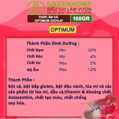 Thức Ăn Cho Cá La Hán, Cá Dĩa Greenhome, Optimum Cichlid, Gói 100gr, Lên Màu Và Tăng Sức Đề Kháng
