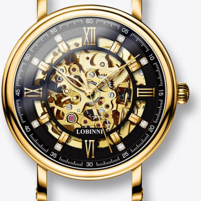 Đồng hồ nam chính hãng LOBINNI L9010-1 ,Kính sapphire chống xước,Chống nước 50m,bảo hành 24 tháng,Máy cơ(Automatic,dây da đen xịn,máy lộ cơ