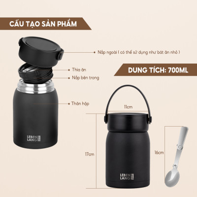 Hộp cơm giữ nhiệt Lebenlang LBL3038, dung tích 700ml, chất liệu inox 304, kèm muỗng - hàng chính hãng