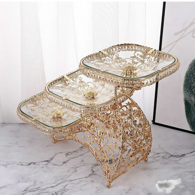 KHAY ĐỰNG HOA QUẢ BÁNH KẸO THỦY TINH KHUNG KIM LOẠI TRẠM KHẮC HOA VĂN SANG TRỌNG 3 TẦNG - VD30