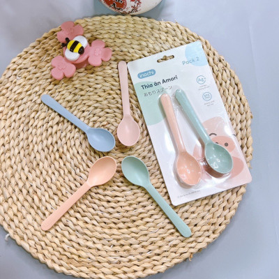 Set 02 thìa ăn cho bé Amori Inochi muỗng ăn dặm nhựa cao cấp thìa tập ăn trẻ em kháng khuẩn Ag+