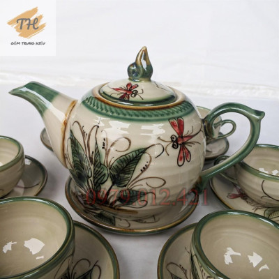 Bộ ấm chén Bát Tràng men bóng vẽ Chuồn khoai đủ phụ kiện
