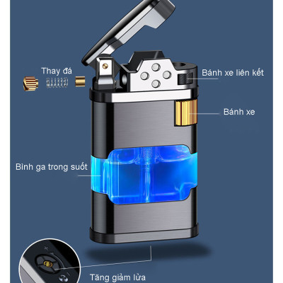 Vỏ Hột Quẹt Bật Lửa Khè Gas AB905 Khò 1 Tia Mạnh Mẽ Thân Bật Lửa Lộ Thiên Trong Suốt Đèn Led Nhấp Nháy Cực Đẹp-Có Hộp
