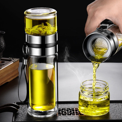 Bình Pha Trà Thuỷ Tinh 2 Lớp Cách Nhiệt Có Lõi Lọc Inox Chịu Nhiệt Cao Dung Tích 450ml Cầm Tay Tiện Lợi - HÀNG CHÍNH HÃNG MININ