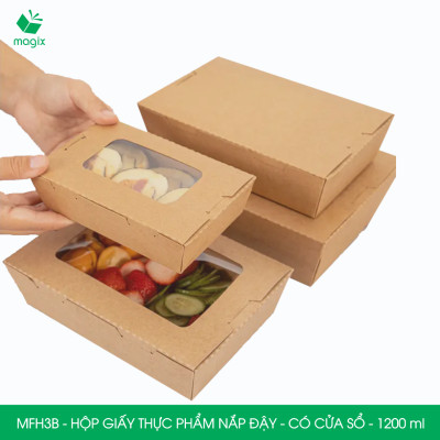 MFH3B - 1200ml - 50 hộp giấy kraft đựng thực phẩm, hộp giấy đựng thức ăn có cửa sổ, hộp đựng cơm