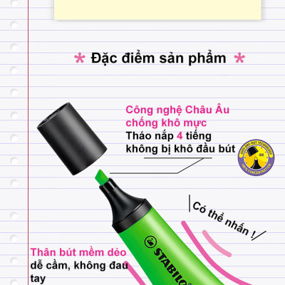 Bộ 4 Bút dạ quang STABILO màu Neon - vàng + hồng (HL72/PN68-C2YP)