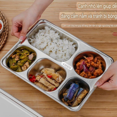 Khay Đựng Cơm Thức Ăn Inox 5 sâu lòng - Khay Cơm Inox 304 ( Tùy Chọn Nắp Khay )