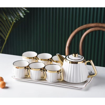 BỘ TÁCH CHÉN UỐNG TRÀ _  MÀU XANH, TRẮNG VIỀN VÀNG KÈM KHAY