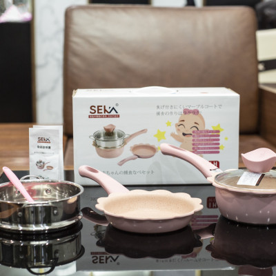 Bộ nồi chảo kèm xưởng hấp nấu ăn dặm cho bé Seka - Bộ nồi chảo 3 món men đá chống dính kèm xửng hấp