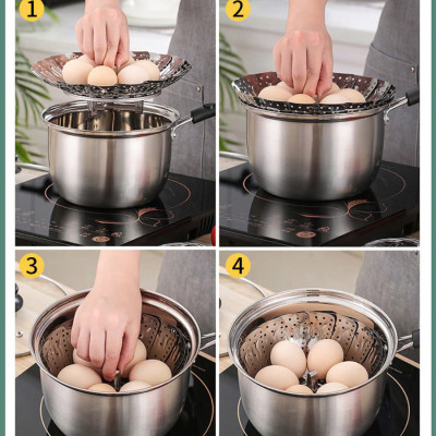 Khay hấp Xửng hấp Vỉ hấp inox kiêm khay đựng trái cây xòe có 3 chân gấp gọn tiện lợi