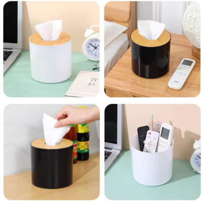 Hộp đựng khăn giấy phong cách Nhật Bản nắp gỗ basic hình trụ tròn