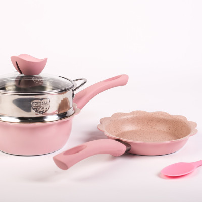 Bộ nồi chảo kèm xưởng hấp nấu ăn dặm cho bé Seka - Bộ nồi chảo 3 món men đá chống dính kèm xửng hấp