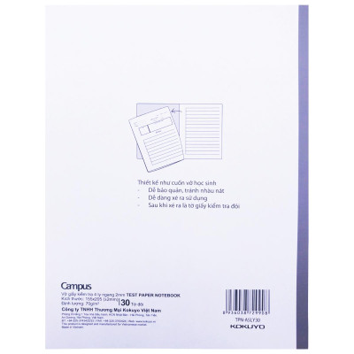 Giấy Kiểm Tra Kẻ 4 Ly Ngang Dạng Vở A5 - Campus TPN-A5LY30 (30 Tờ Đôi)