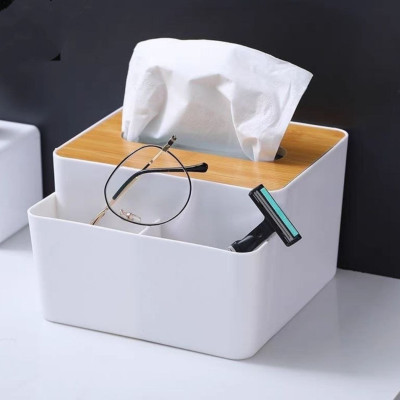 Hộp, Kệ Đựng Khăn Giấy Ăn Nắp Gỗ Nordic Kèm 2 Ngăn Chứa Đồ Đa Năng Tiện Lợi