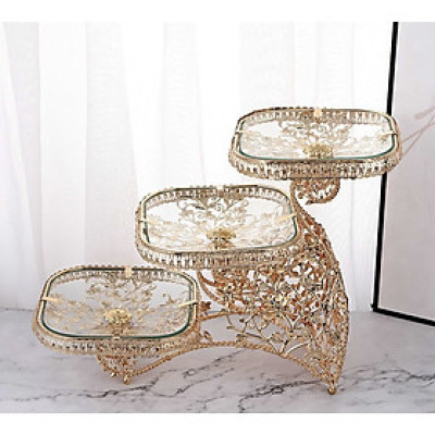 KHAY ĐỰNG HOA QUẢ BÁNH KẸO THỦY TINH KHUNG KIM LOẠI TRẠM KHẮC HOA VĂN SANG TRỌNG 3 TẦNG - VD30