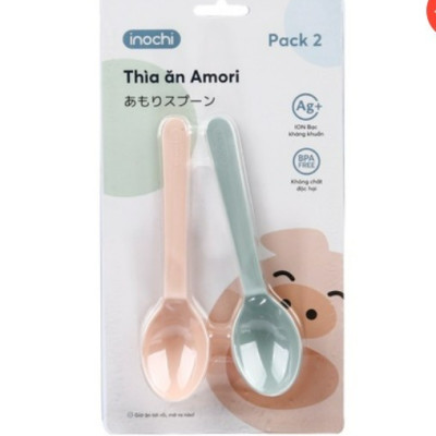Set 02 thìa ăn cho bé Amori Inochi muỗng ăn dặm nhựa cao cấp thìa tập ăn trẻ em kháng khuẩn Ag+