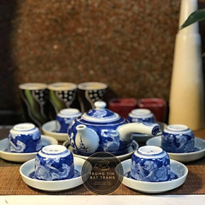 Bộ Ấm Chén Trà Đạo Gốm Trắng Men Lam Bát Tràng Long Ẩn Dáng Đường Vũ Dung Tích 300ml (Bộ Ấm Chén) ATA 20